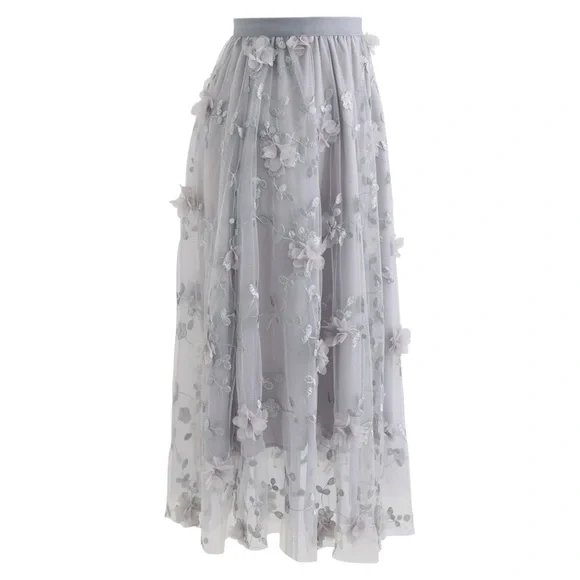 Luxe 3D Mesh Flower Embroidered Tulle Midi Skirt In Grey Large - Picture 4 of 4